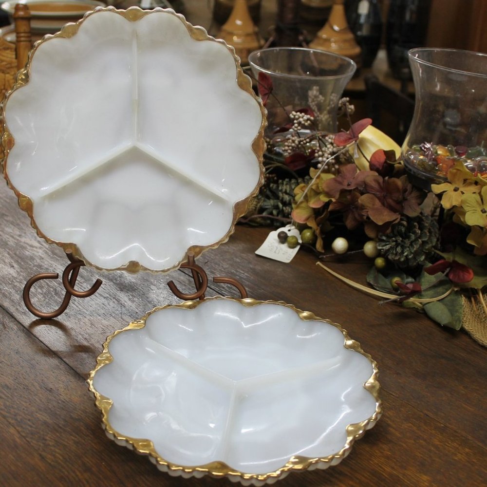 2 Vintage White Milk Glass Divided plates Embossed with Gold Trim